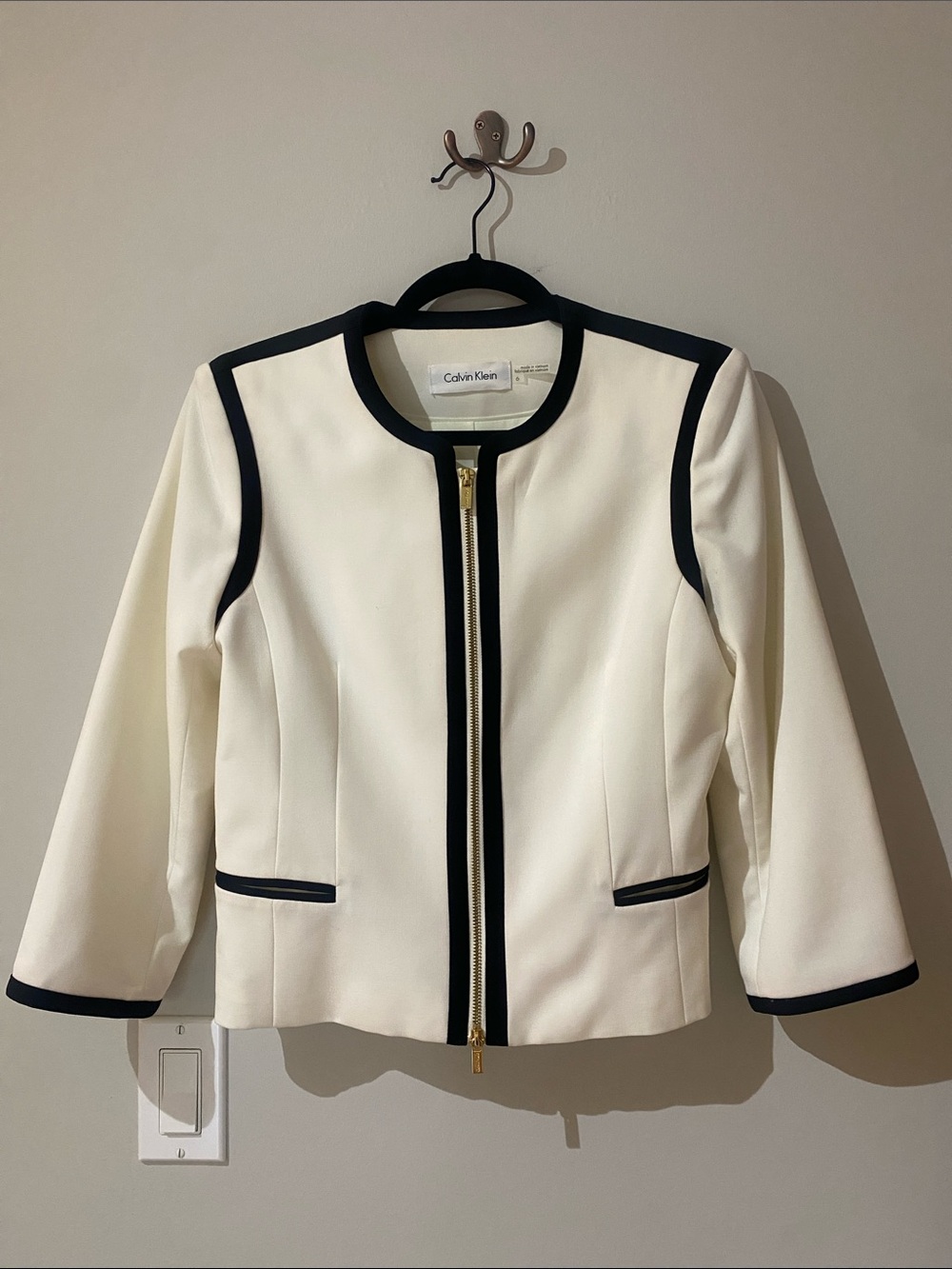 Calvin Klein Cream Jacket with Black Trim and Gold Zip